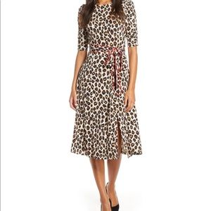 Eliza J Leopard Print Piped Sash Midi Dress